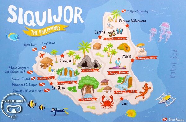 Carte des lieux touristiques à Siquijor.