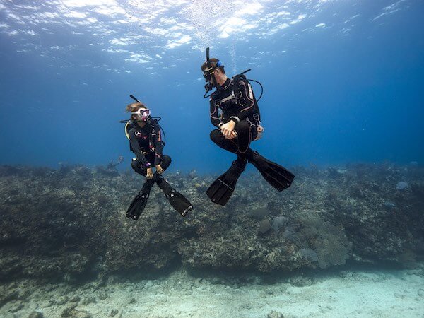 Divers hovering in mid-water by achieving perfect buoyancy.